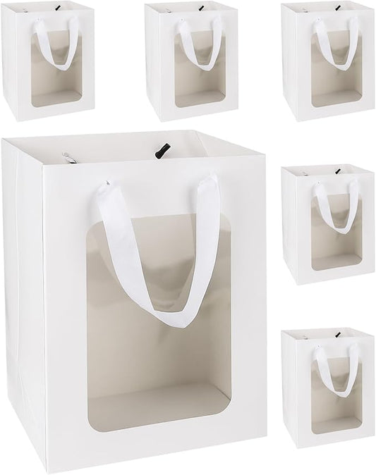 MOXARYSU 6 Pcs White Gift Bags with Clear Window: 9.8x5.1x7.1 Inch Small Medium Kraft Paper Bags with Handle For Party Bus...