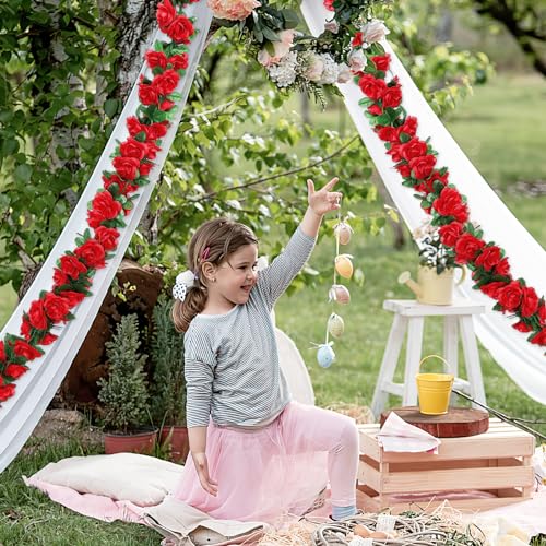 KHOYIME 9 Pack 72 FT Artificial Flower Garland, Fake Red Roses Vines Silk Flowers Faux Plastic Outdoor Hanging Floral Ivy ...