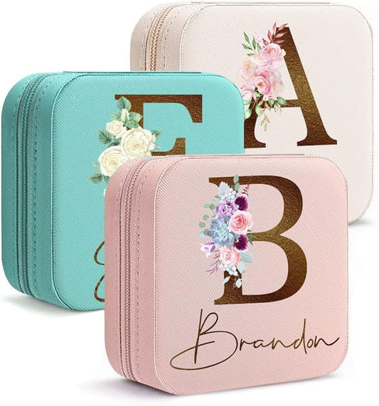 DayOfShe Personalized Bridesmaid Gifts-Travel Jewelry Box for Bachelorette Party Gifts-Leather Initial Floral Jewelry Orga...