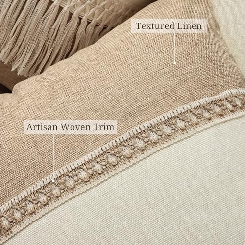 QoBexim Boho Patchwork Linen Throw Pillow Covers 18x18 Set of 2 with Fringe Trim, Khaki and Beige Farmhouse Textured Burla...