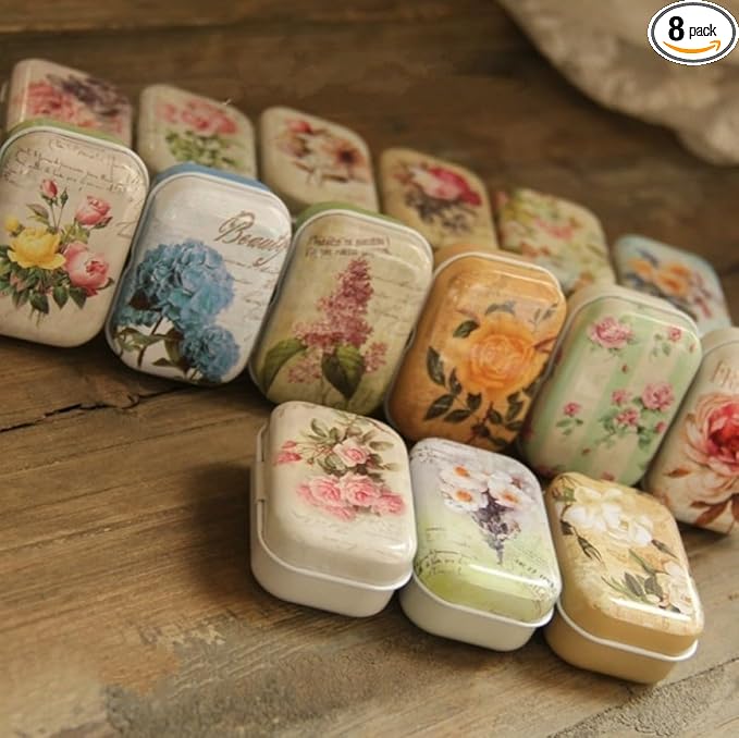 8Pcs Mini Flower Tin Trinket Jewelry Organizer Storage Box Decorative Boxes Small Metal Tins with Hinged Lids Portable Box...