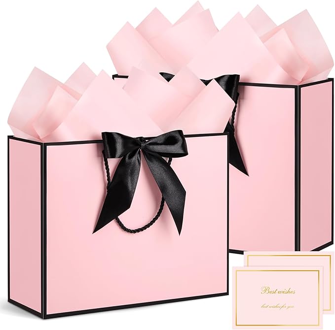 Ohuimrt 2 Pack Pink Gift Bags with Handles, 12.6 x 9.8 x 4.3 Inches Paper Bags, Gift Wrap with Tissue Paper Ribbons Cards ...