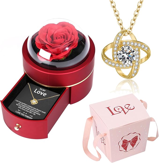 Preserved Handmade Rose Box with Four Leaf Clover Necklace, Jewelry Boxes Poetry Roses Gifts for Women Her Mom Wife Girlfr...