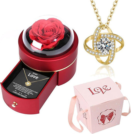 Preserved Handmade Rose Box with Four Leaf Clover Necklace, Jewelry Boxes Poetry Roses Gifts for Women Her Mom Wife Girlfr...