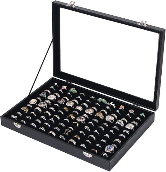 Ausalivan Ring Holder Organizer Box, Jewelry Display Case, Earring Necklace Storage Tray With Top Glass Lid (Black, 100 Sl...