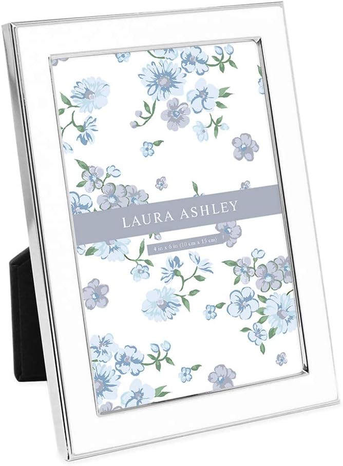 Laura Ashley 4x6 White Enamel Picture Frame, Silver Metal Edge with Easel, for Countertop, Counterspace, Tabletop Display,...