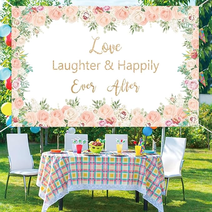 LOONELO Love Laughter Wedding Backdrop Banner with 70.8 X 43.3 inch, Happily Ever Floral Bridal Shower Hanging Banner Sign...