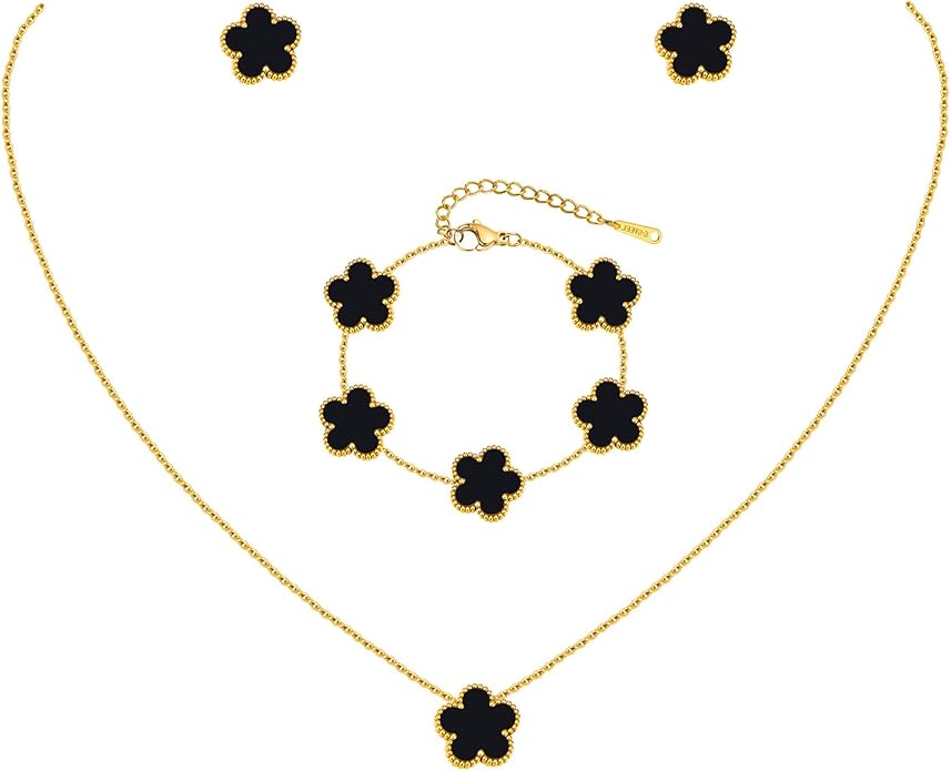 Gold Necklaces Bracelets Earring Set - 18K Gold Plated Flower Bracelet Chain,Stainless Steel Non Tarnish Floral Pendant St...