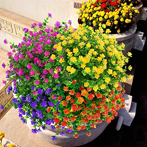 KLEMOO 8 Bundles Outdoor Artificial Fake Flowers UV Resistant No Fade Boxwood Faux Plastic Plants for Garden Patio Porch W...