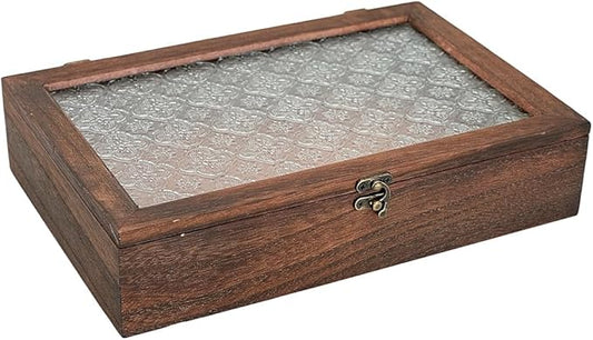 Amedoo Keepsake Box - Vintage Wooden Decorative Box with Glass Lid for Jewelry, Trinket, Photo & Memory Storage (Large)