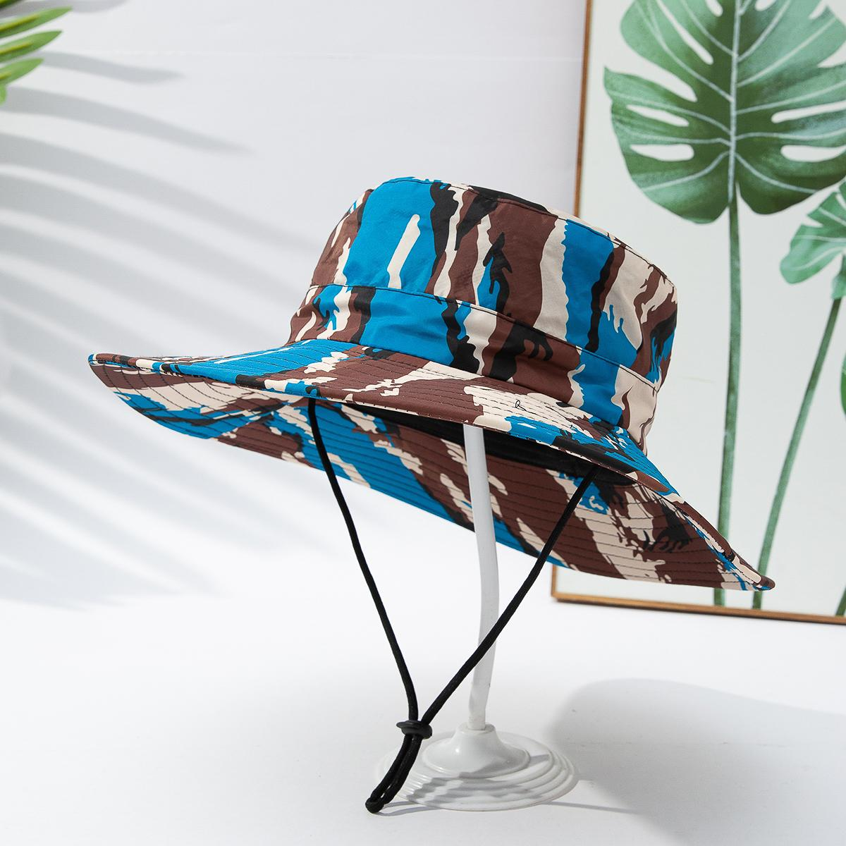 Men's And Women's Identical Color-matched Printed Wide-brimmed Collapsible And Portable Windproof Rope Outdoor Functional Style Fisherman Hat Suitable For Hiking, Fishing And Beach Activities.