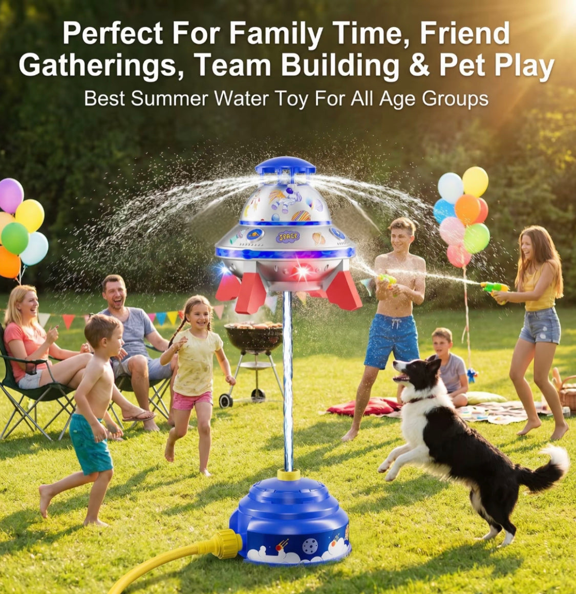 Kids UFO Rocket Water Sprinkler, Flying Saucer Water Launcher With Colorful LED Flashing Lights & DIY Stickers, Outdoor Summer Water Toy For Yard & Garden