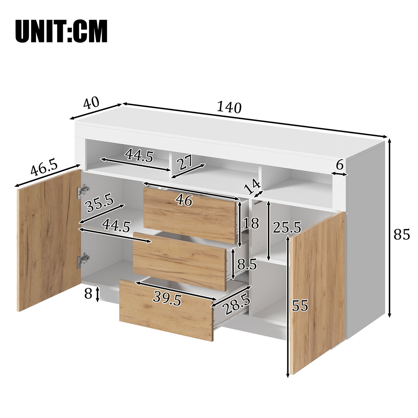 Modern Style Sideboard - Storage Cabinet With 3 Drawers And 2 Doors, Suitable For Living Room, Hallway Or Kitchen, Natural Wood Look - White, Dimensions  W-D-H  140 X 40X 85 Cm