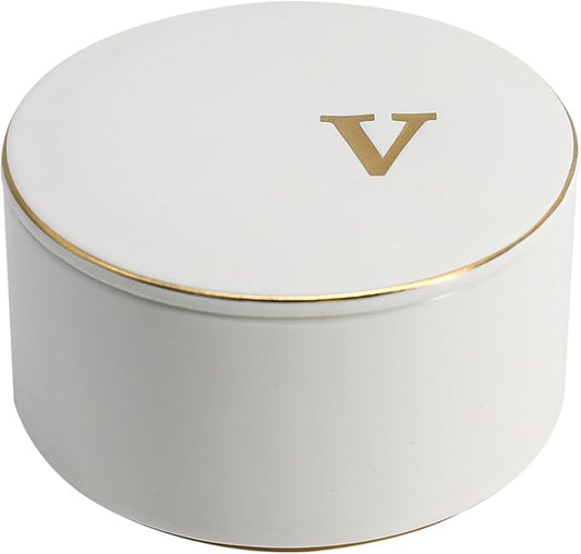 COLLECTIVE HOME - Ceramic Jewelry Box, Elegant Embossed Jewelry Holder, Trinket Organizer with Gold Monogram Lid, Storage ...