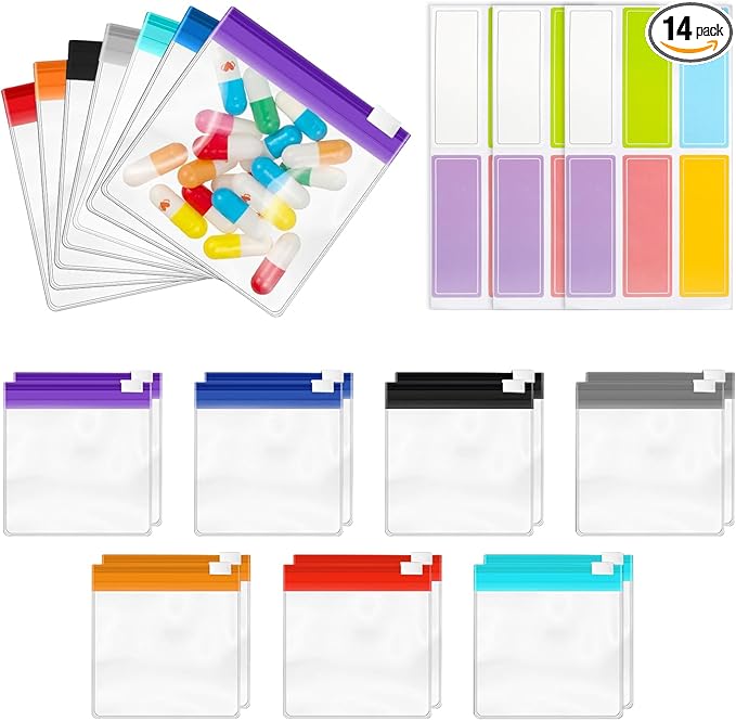 Mini Zipper Pouch Set–14 Small Reusable Clear Zip Lock Bags with Writable Labels for Travel,Medicine,Makeup,Pills,Tiny Cos...
