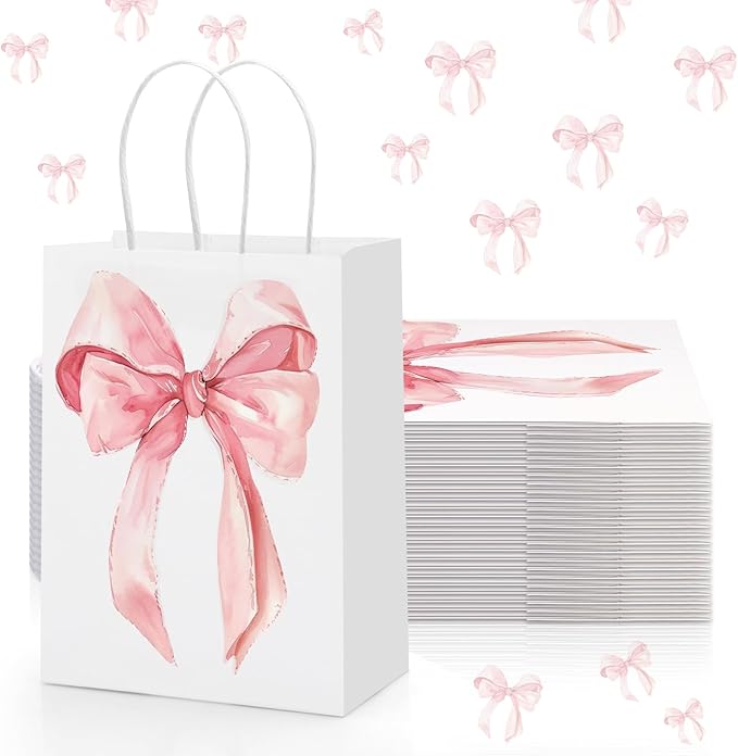 Draupnir 24PCS Coquette Pink Bow Paper Gift Bags, Party Favor Bags, Pink Goodie Bags for Birthday&Bachelorette Party Decor...