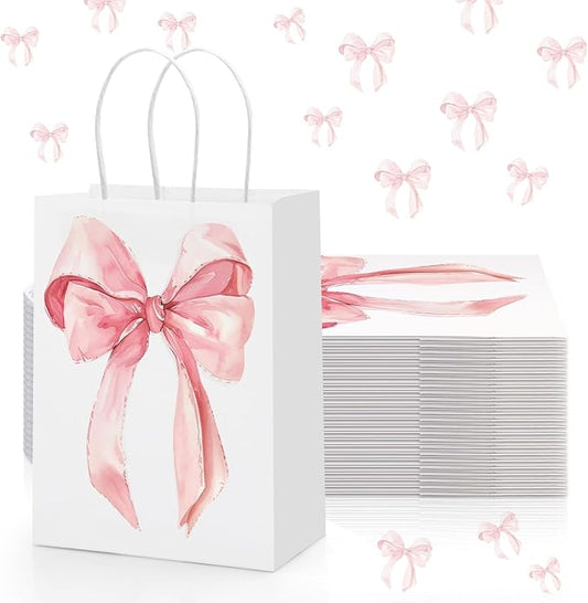 Draupnir 24PCS Coquette Pink Bow Paper Gift Bags, Party Favor Bags, Pink Goodie Bags for Birthday&Bachelorette Party Decor...