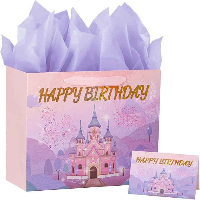 PrintGuru 13” Large Happy Birthday Gift Bag with Tissue Paper, Greeting Card and Ribbon Handles for Women Girls Kids Birth...