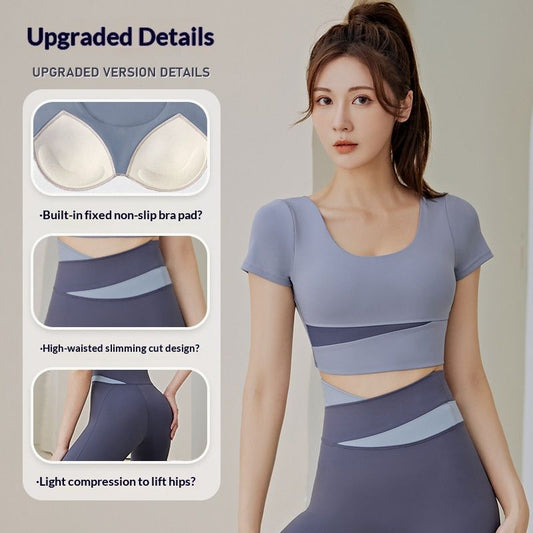 Women's Color Block Yoga Short Sleeve Top With Built-in Bra Pads, Tight Fit Athletic T-Shirt For Running & Workout