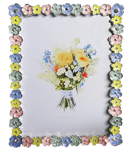 XinZhiRun Metal Picture Frame Silver Plated with Rainbow Flower Enamel Lovely Flowers Photo Frame 5 x 7 inch for Home Deco...