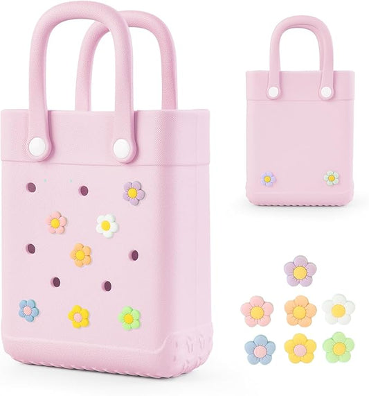 Kcizloz Mini Rubber Tote Bag for Girls & Women, X-Small Waterproof EVA Beach Bag with 7 Cute Charms
