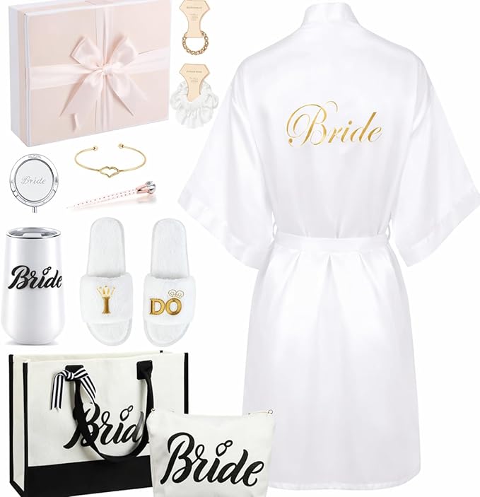 Berlune 14 Pcs Bride Gifts Box Sets Include Short Satin Robes Canvas Tote Bag Stainless Steel Glasses Slippers Wedding Gifts
