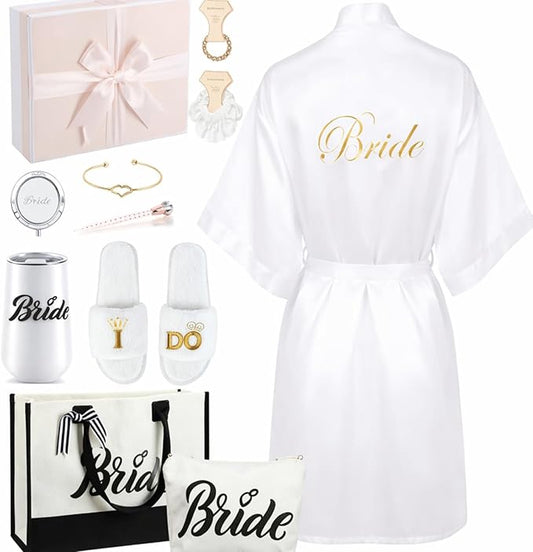 Berlune 14 Pcs Bride Gifts Box Sets Include Short Satin Robes Canvas Tote Bag Stainless Steel Glasses Slippers Wedding Gifts