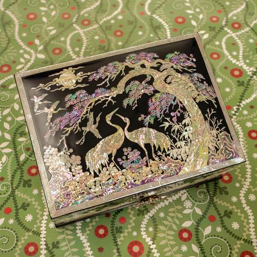February Mountain Mother-of-Pearl Crane Jewelry Box | Wooden Make | Two-Layer Velvet Interior | Mirror Lid | Lacquer Finis...