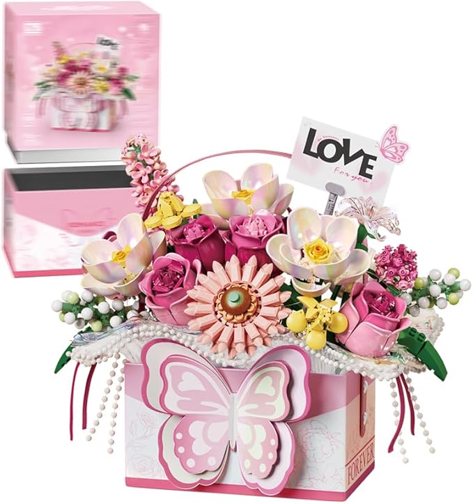 LUOGFYNI Mini Portable Block Flower Set, Pink Rose Creative Eternal Flower Gifts Box with Romantic Light, Home Decor or Bi...