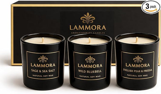 Lammora Aromatherapy Candle Gift Set – 3 Scented Candles (English Pear & Freesia, Sage & Sea Salt, Bluebell) – Natural Soy...