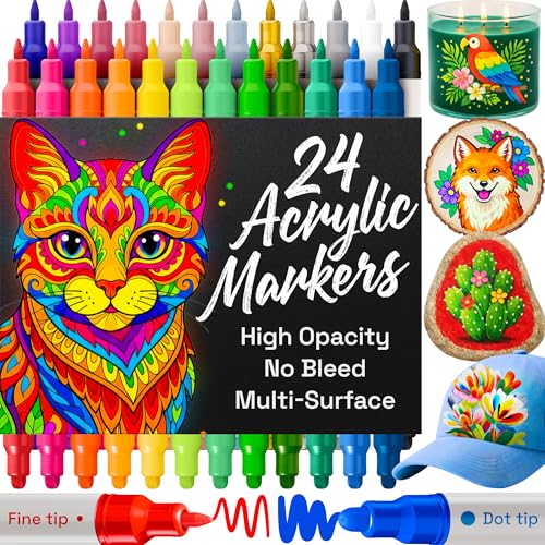 ARTISTRO 24 Precision Dual-Tip Acrylic Paint Markers – Paint Pens Set with Dot & Fine Tips for Fabric, Rock, Glass, Wood, ...