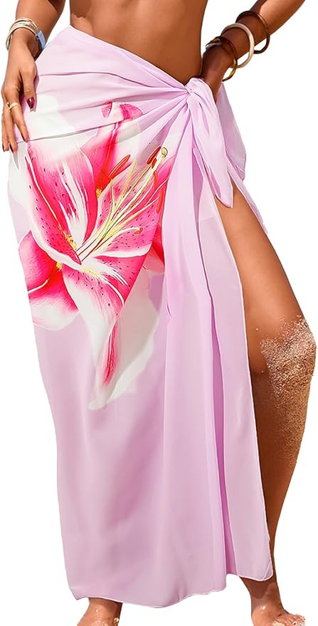 Herseas Women Sheer Sarong High Slit One Size Swimsuit Coverups 2026 Summer Floral Print Chiffon Wraps Beach Cover Up