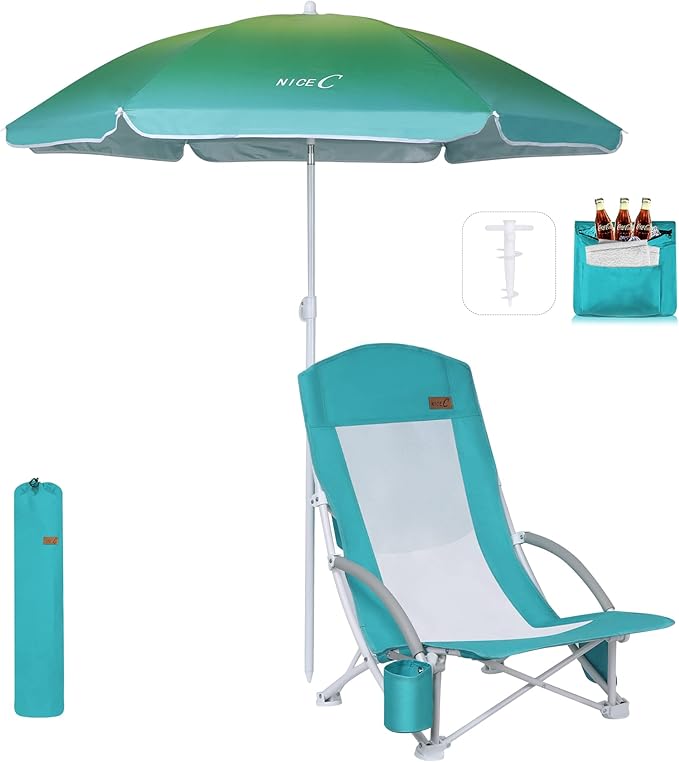 Nice C Beach Chair, Beach Chairs for Adults with Umbrella and Cooler, High Back, Cup Holder & Carry Bag & Heavy Duty Compa...