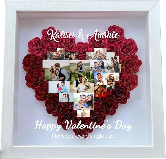 Personalized Heart Photo Collage Flower Shadow Box Frames,Custom Wooden Heart Collage Picture Frames,Rose Flower Shadow Bo...
