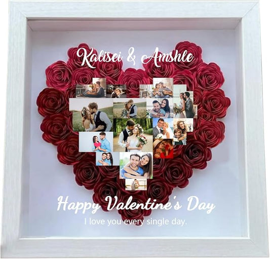 Personalized Heart Photo Collage Flower Shadow Box Frames,Custom Wooden Heart Collage Picture Frames,Rose Flower Shadow Bo...