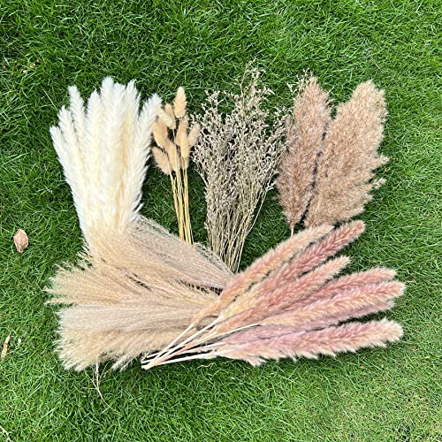 100Pcs Pampas Grass Boho Home Decor 17 inch Natural Dried Flowers-Pampas Grass Contains Bunny Tails White Pampas Brown Pam...