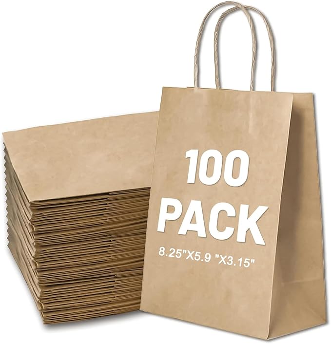 LIHOMR Gift Bags 8.25" X5.9 X3.15 100pcs Brown Kraft Paper Bag with Handles for Small Business Christmas Bulk, Wedding, Pa...