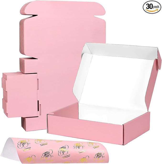 OUGEBOX 30 Pack 9x6x2 Pink Shipping Boxes for Packaging Small Business, Corrugated Cardboard Boxes for Shipping Packing Ma...