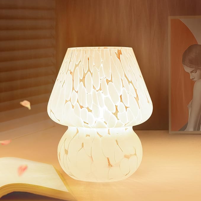 ONEWISH Mushroom Lamp Small Bedside Table Lamp-Nightstand Nightlight Dimmable Stepless, Translucent Glass White Desk Lamp ...