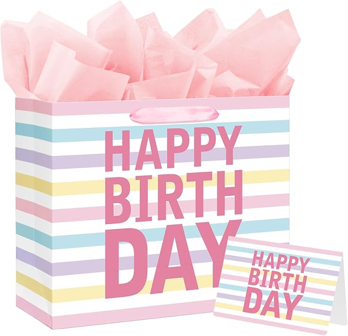Laidans 13" Large Happy Birthday Gift Bag with Handles and Tissue Paper, Cards for Girls Women Birthday Party Favors Wrap,...