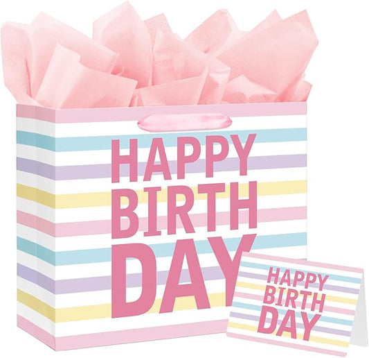Laidans 13" Large Happy Birthday Gift Bag with Handles and Tissue Paper, Cards for Girls Women Birthday Party Favors Wrap,...
