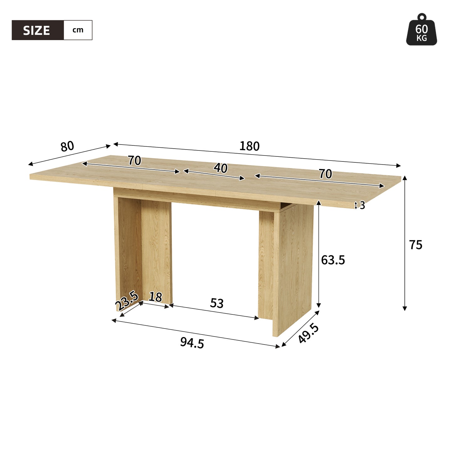 Extendable Dining Table, 140 180x80 Cm, Suitable For 6-8 People, Rectangular Shape, Thickened Table Top, Simple Style, Table For Dining Room, Kitchen, Living Room, Oak Color