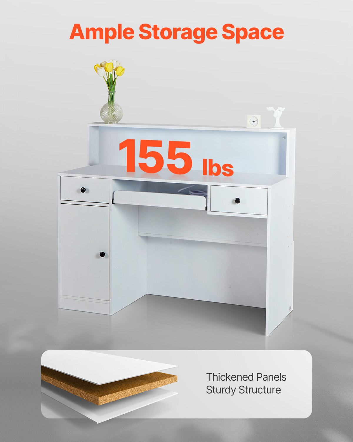 Reception Desk, 47 Inch Rectangular Front Counter Table, Office Reception Desk With LED Light, 2 Drawers And Power Outlets, For Checkout, Lobby, Beauty Salon And Office, White