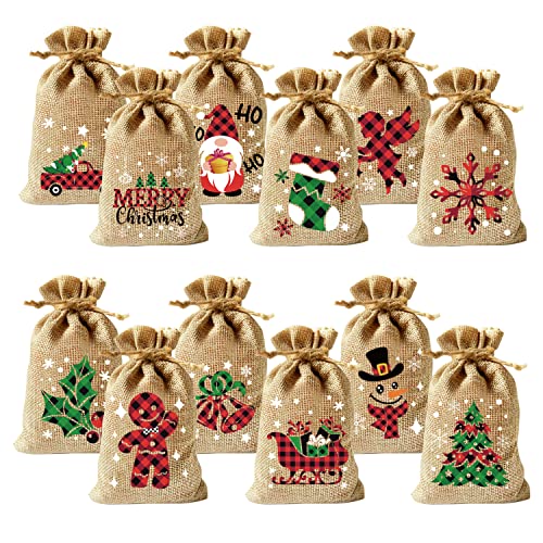 CCINEE 36pcs Christmas Burlap Bags, 4×6 Inch Drawstrings Christmas Linen Goody Gift Candy Bags with Double Jute Drawstring...