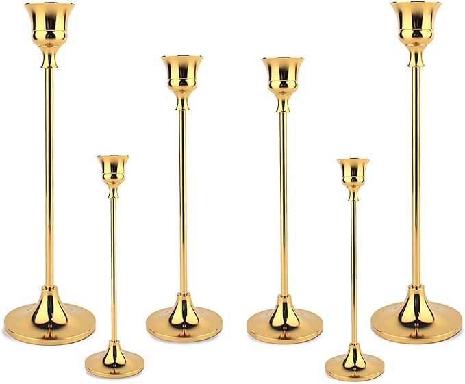 Taper Candle Holder Set of 6, Brass Gold Tall Candlestick Holders, Metal Vintage Candle Stickers Long Holder Set, Pillar D...