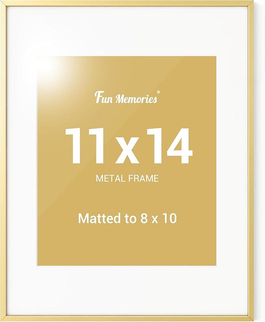 Fun Memories 11x14 Metal Picture Frame, 11x14 Photo Frames with 8x10 Removable Mat with Glass, Vertical and Horizontal Dis...