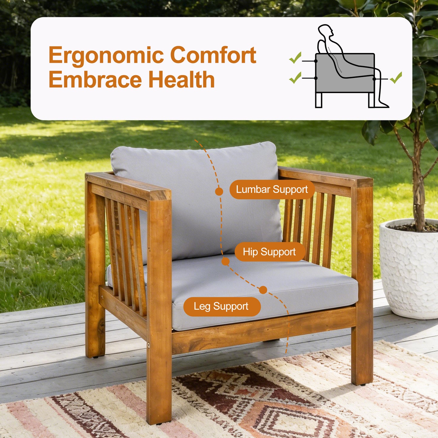 Outdoor Acacia Wood Club Chair With Modern Square Arms, Patio Chair With Thick Cushion, Adjustable Leveling Feet For Poolside,  Deck, Grey Cushion