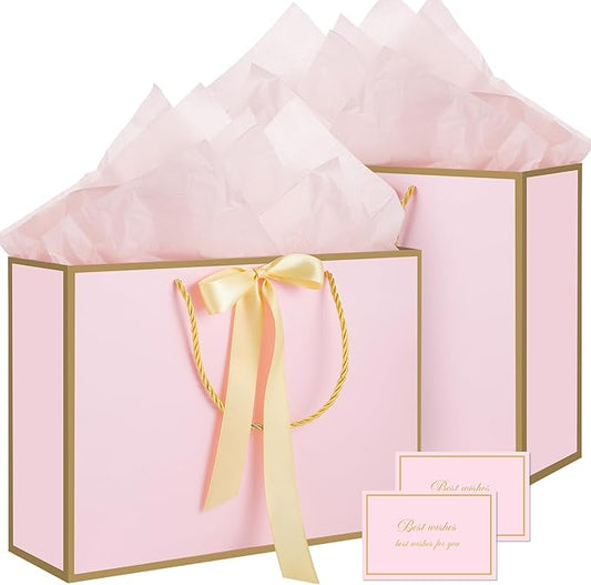 woric Pink Gift Bags with Handles, 14" Medium Gift Bags with Tissue Paper, 2 Pcs Pink Bags with 4 Tissue Paper and 2 Cards...