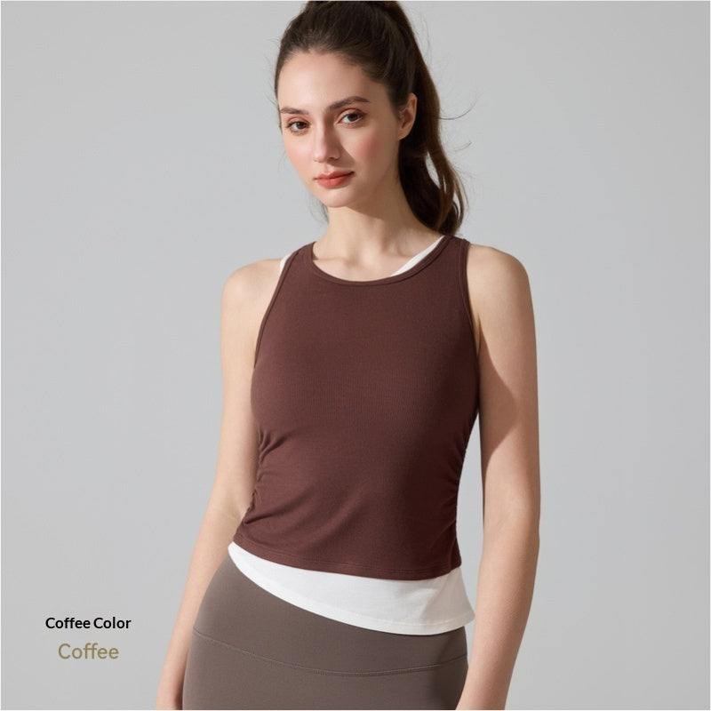 Threaded Yoga Tank Top High-Elastic One-Piece Cup Bra Slim-Fit Fake Two-Piece Running Fitness Wear
