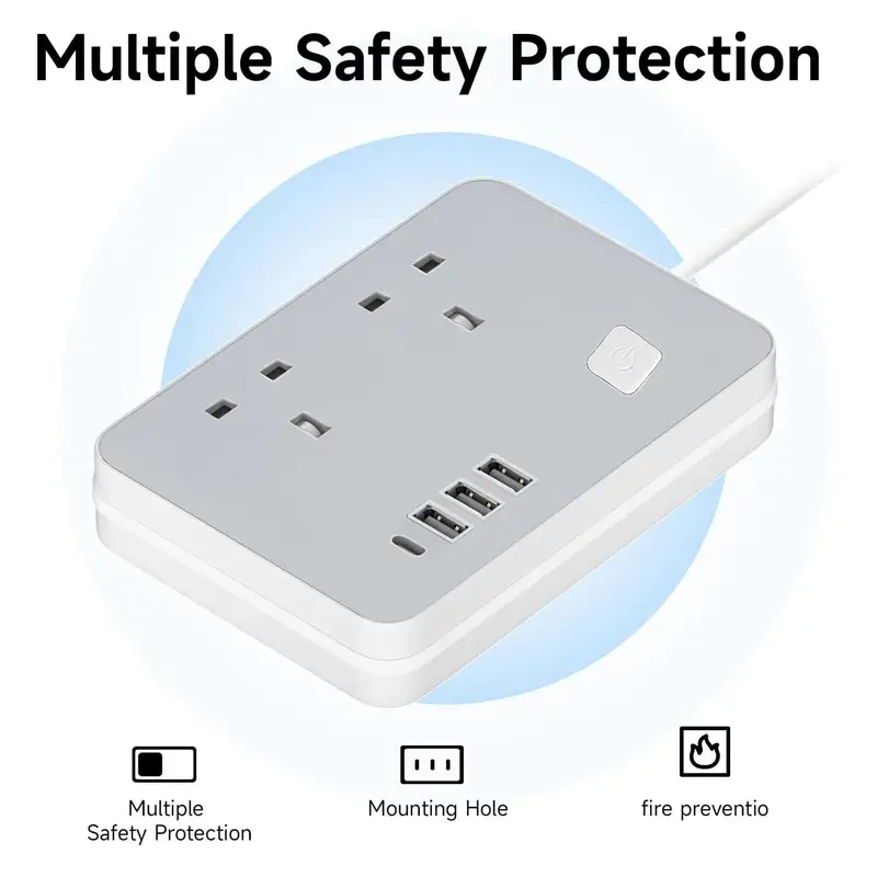 Wiselead YG2K4U 2-Socket Extension Lead With 4 USB 3.1A Smart Fast Charging Overload Protection 10A 240V